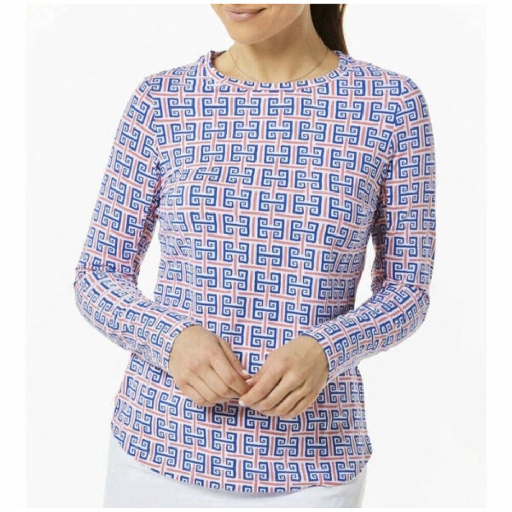 Ibkul Long Sleeve Crew Neck Top Geo Key Print Navy Red Icefil Golf Mesh Cooling